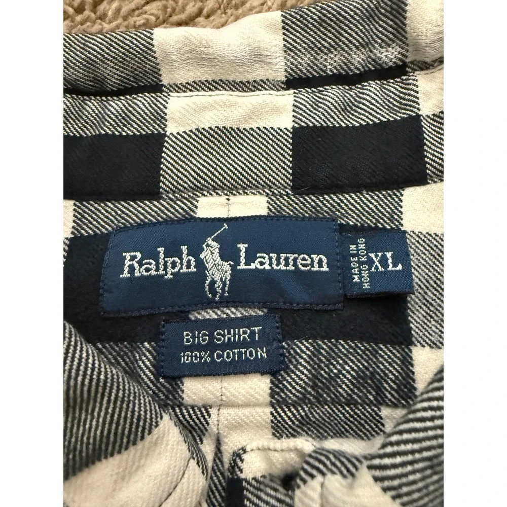 Ralph Lauren Vintage Big Shirt Mens XL Black White Buffalo Plaid‎ Flannel OS